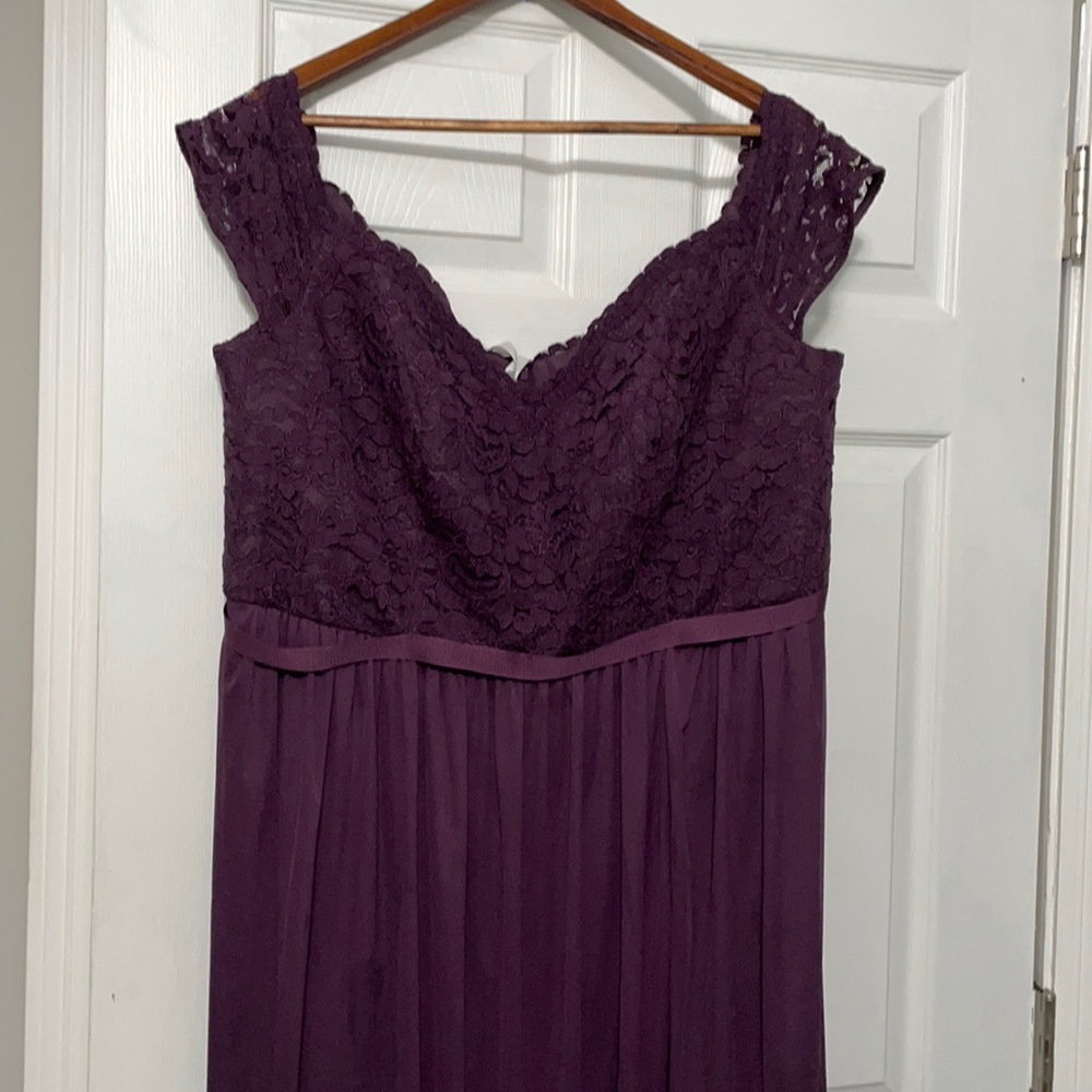 Off shoulder David’s bridal bridesmaids dress color plum